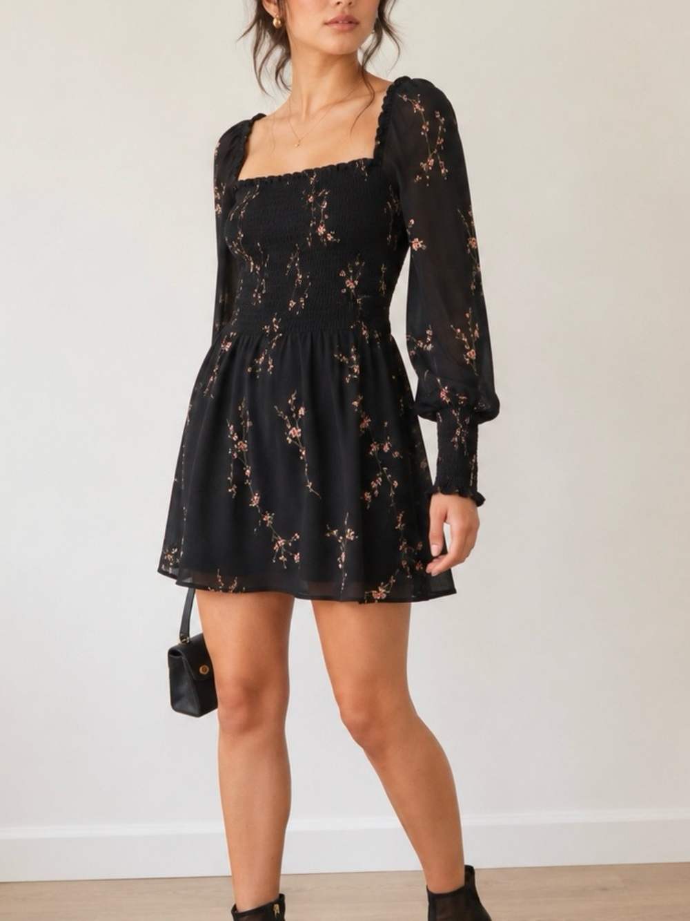 Reformation Black Mini Dress with Pink Floral Print